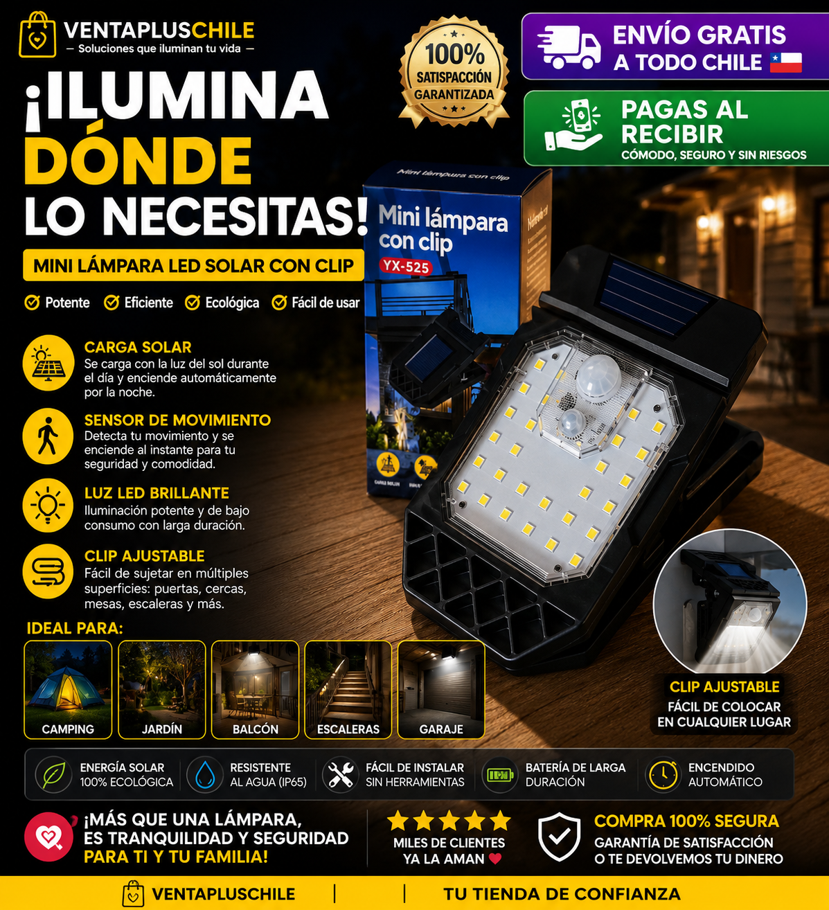 💡 Mini Lámpara Solar LED con Clip y Sensor de Movimiento | Sin Cables